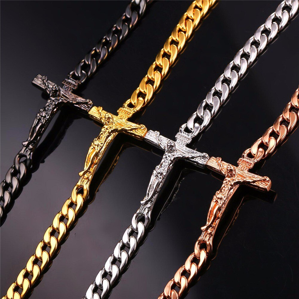 Cross Crucifix Charm Men's Chain Link Bracelet