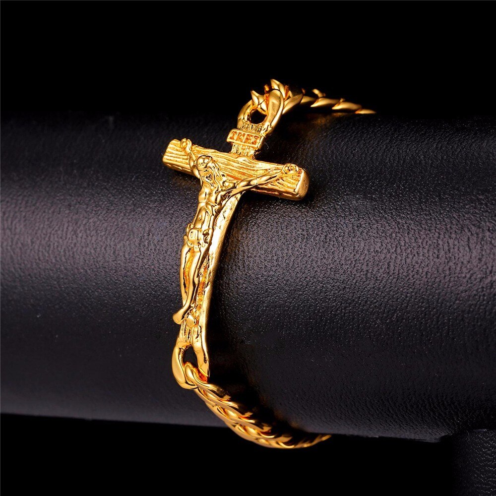 Cross Crucifix Charm Men's Chain Link Bracelet