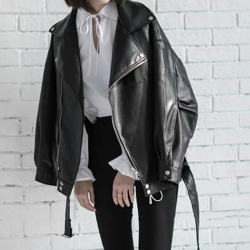 Women's Black PU Leather Loose Jacket